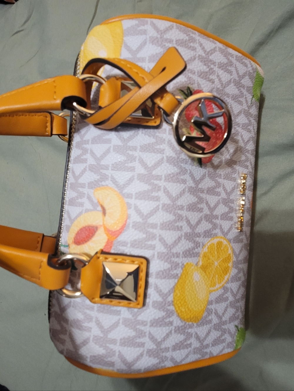 Michael Kors White Monogram Satchel with Yellow Trim and Fruit Print - Picture 2 of 6